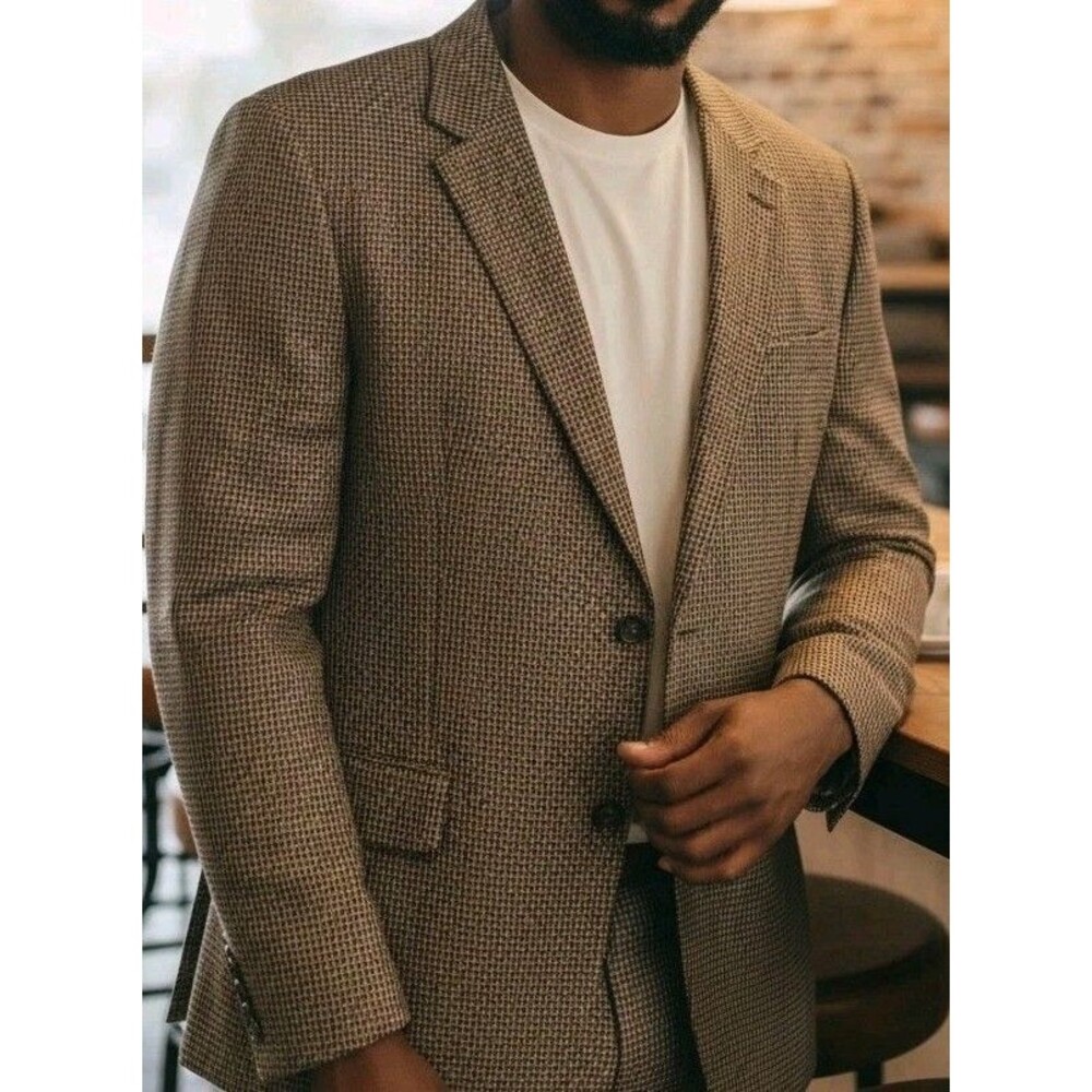 Vintage Men's Sport Coat 48L Pure Wool Brown/Blue Herringbone John Ashford